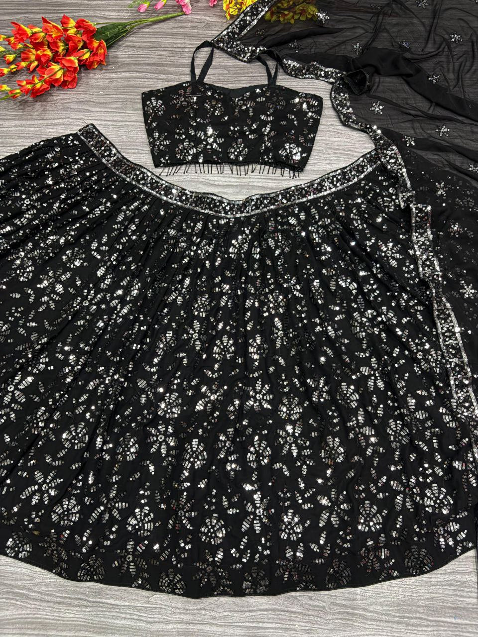 Black Color Sequence Georgette Lehenga Choli