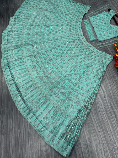 Sea Green Net Sequence Lehenga Choli