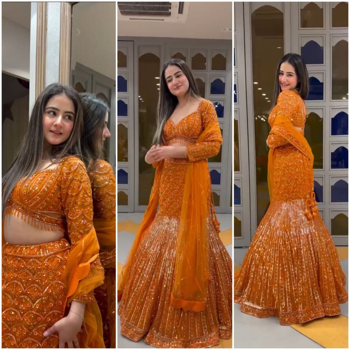 Orange Color Sequence Georgette Lehenga Choli
