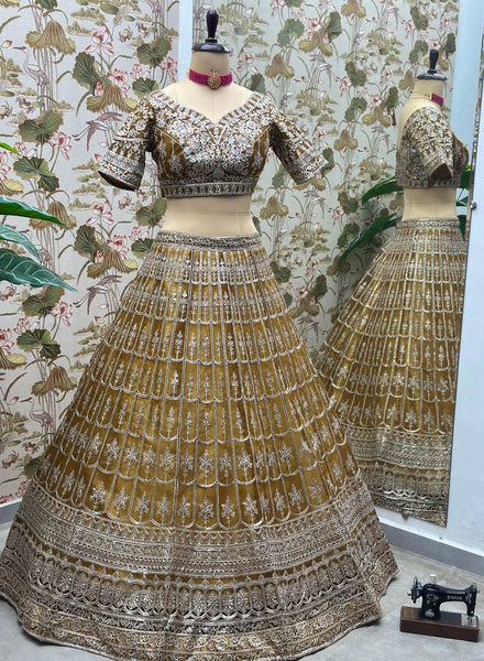 Mustard color Embroidery With Sequence Work Net Lehenga Choli