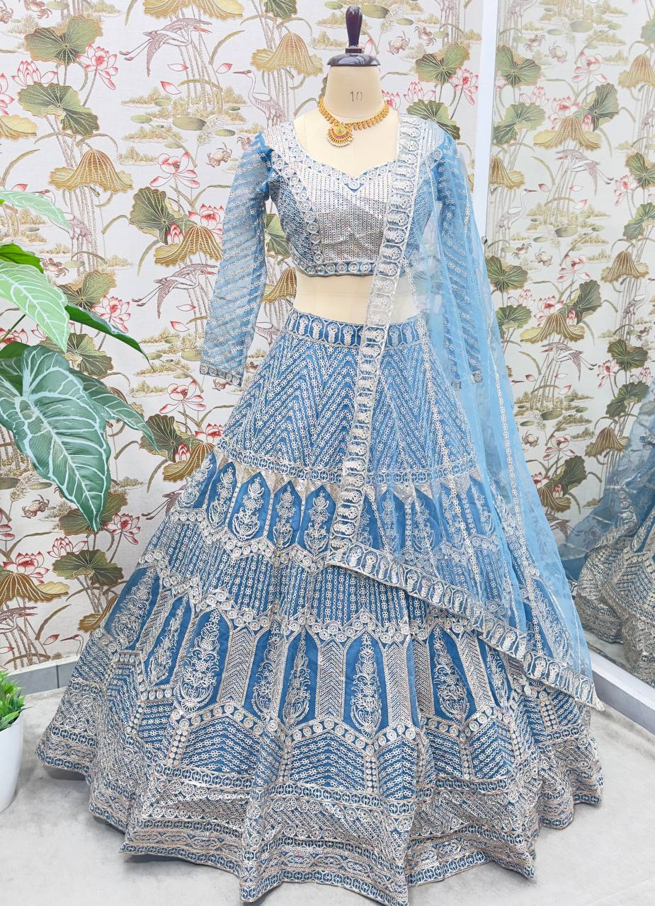 Sky Blue Color Net Sequence Work Lehenga Choli