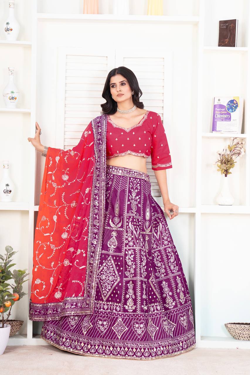 Wine Color Jalpari Silk Embroidered Lehenga Choli