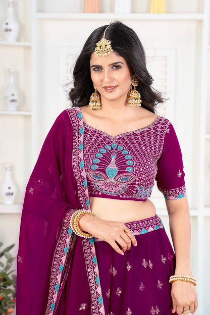 Wedding Wear Wine Georgette Sequence Lehenga Choli