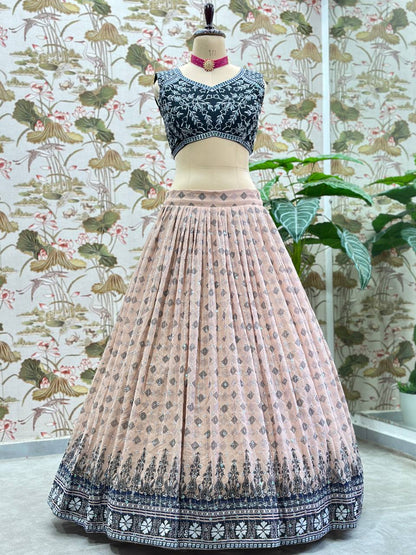 Cream Color Georgette Sequence 4 Meter Flair Lehenga Choli