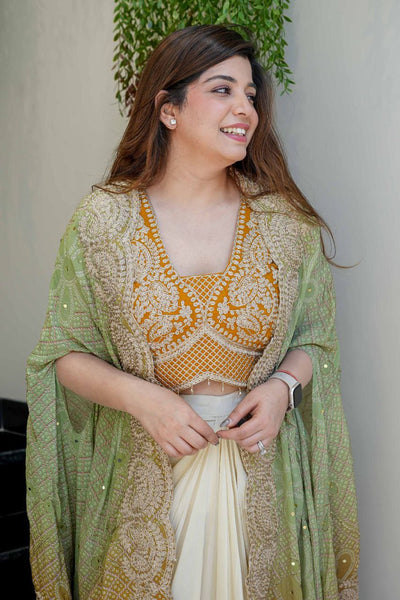 Ready to Wear Chinon Silk Multi Thread Work Indo Western Drape Saree