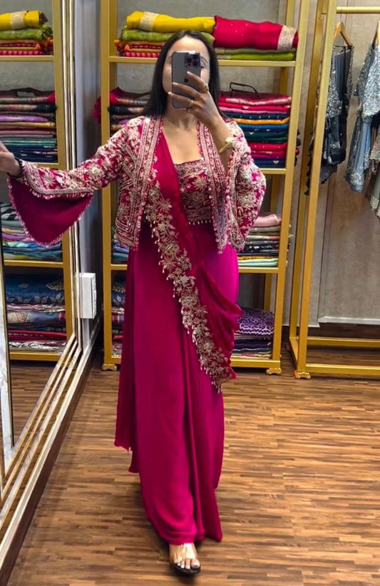 Ready to wear Chinon Silk Jacket Saree