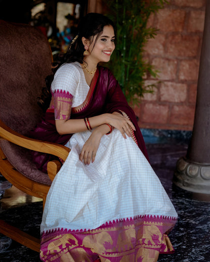 Off WHite Color Chex Weaving Zari Poly Cotton Lehenga Choli