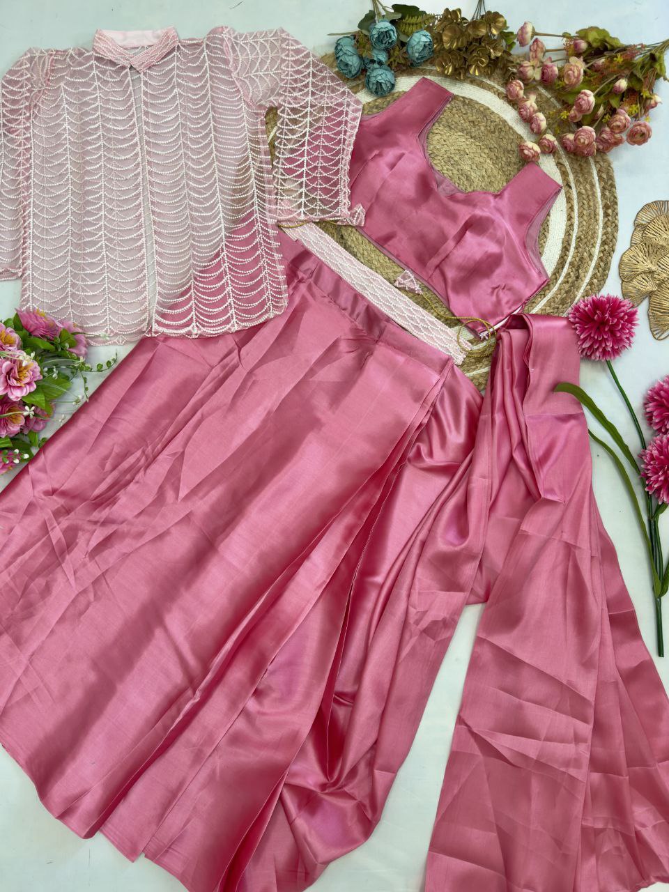 Pink Color Satin Silk Embroidered Ready to Wear Saree With Kotti