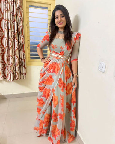 Grey Color Ready to wear Georgette Digital Printed Lehenga Saree