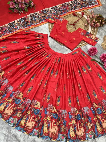 Ready Made Red Color French Crape Silk Printed Lehenga Choli