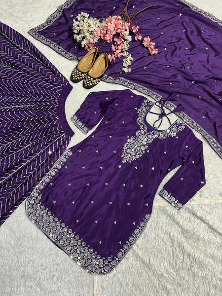 Purple Color Embroidered Chnon Silk Sharara Suit