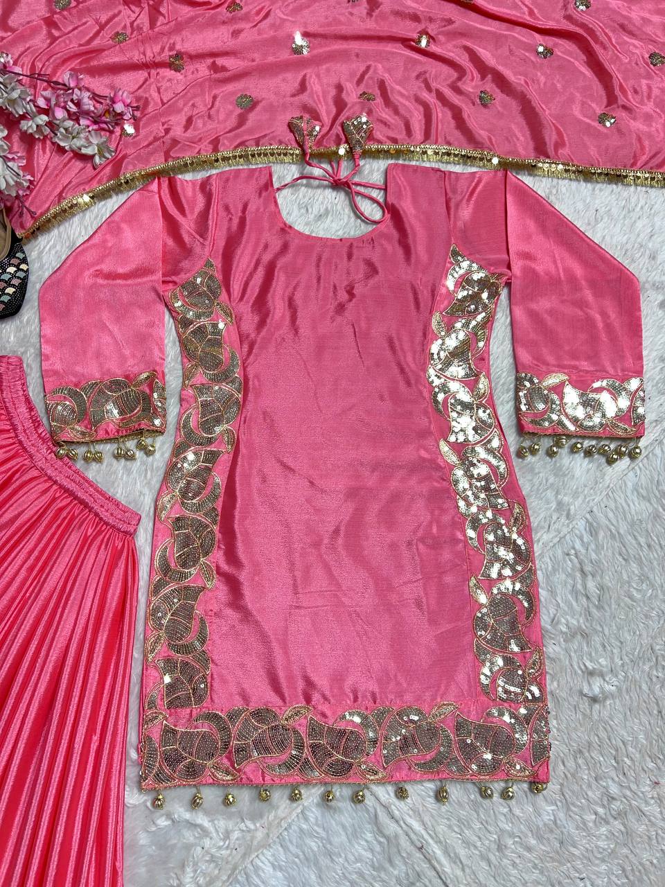 Peach Color Chinon Silk Sequence Work Sharara Suit