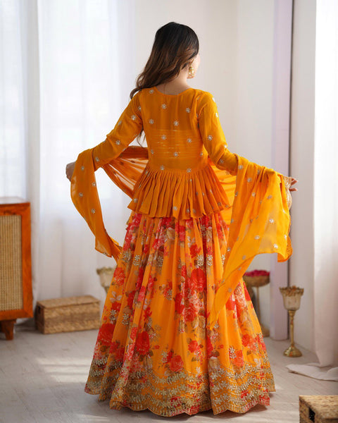 Orange Color Georgette Sequence Koti Lehenga Choli