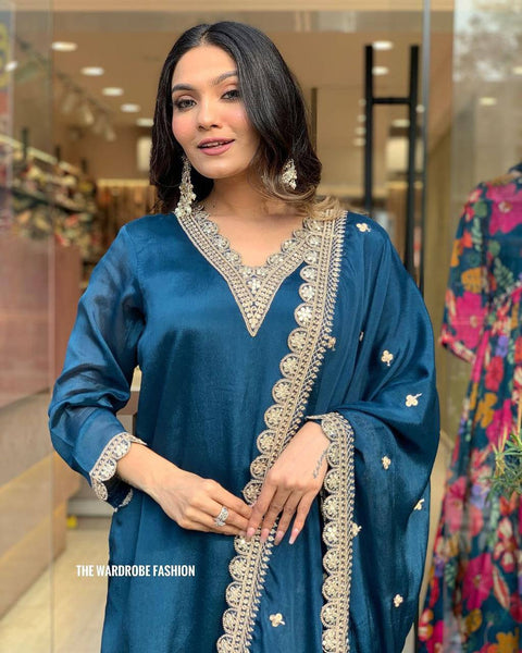 Trendy Rama Satin Embroidery Salwar Suit
