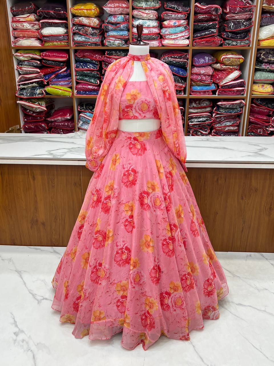 Pink Color Full Stitched Printed Organza Lehenga Choli