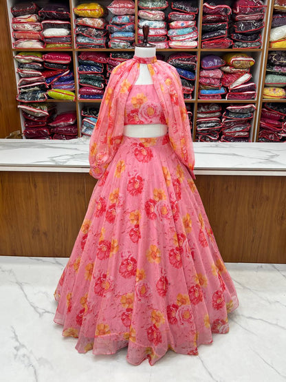 Pink Color Full Stitched Printed Organza Lehenga Choli
