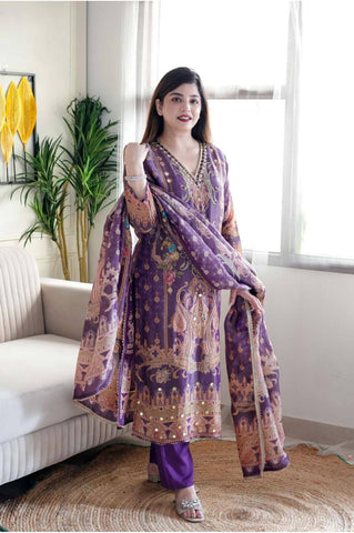 Purple Color Satin Printed Mirror Salwar Suit