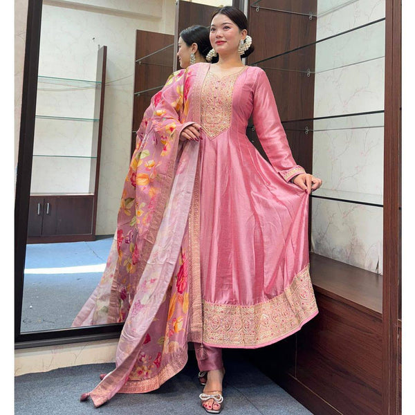 Pastel Pink Color Roman Silk Embroidery Salwar Suit
