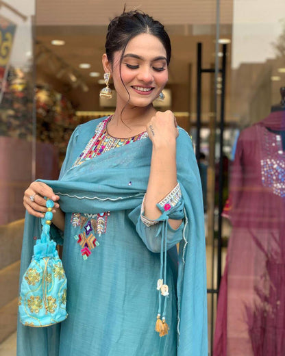 Chanderi Mirror Embroidered Salwar Suit