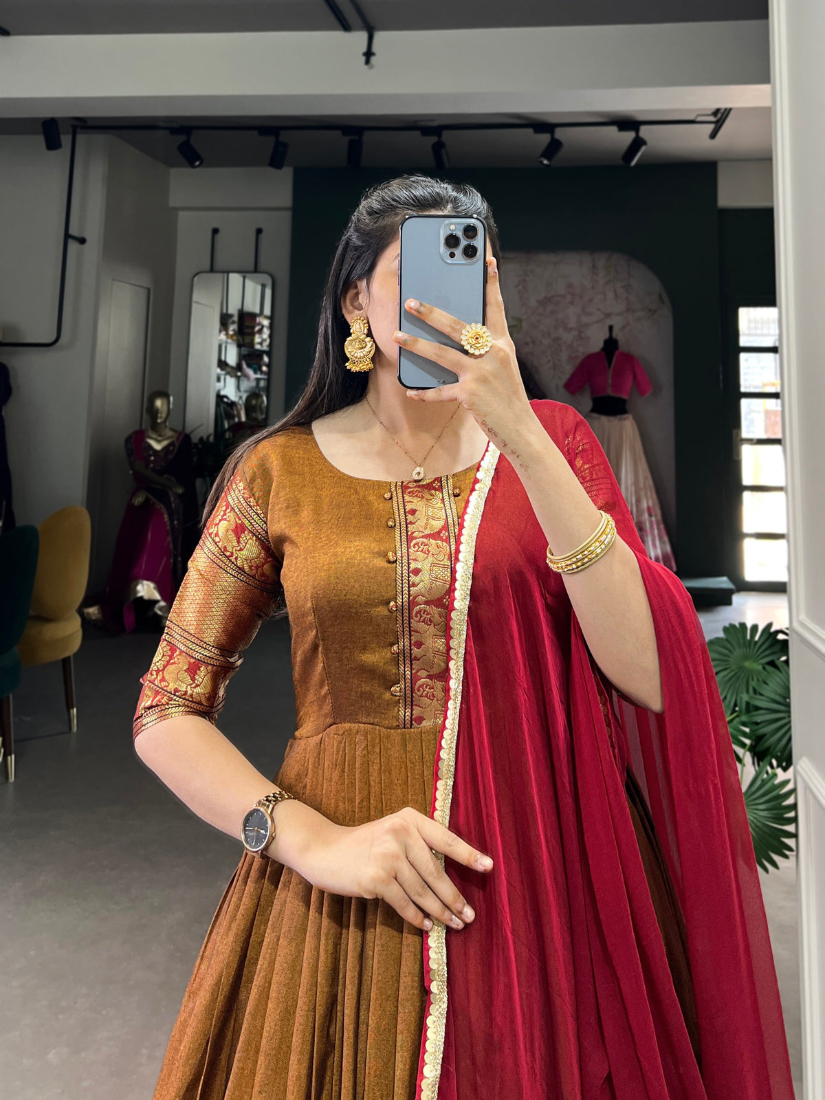 Brown Color Cotton Zari Weaving Gown Dupatta