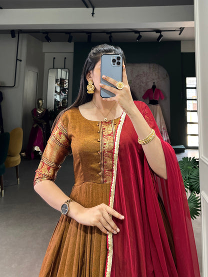 Brown Color Cotton Zari Weaving Gown Dupatta