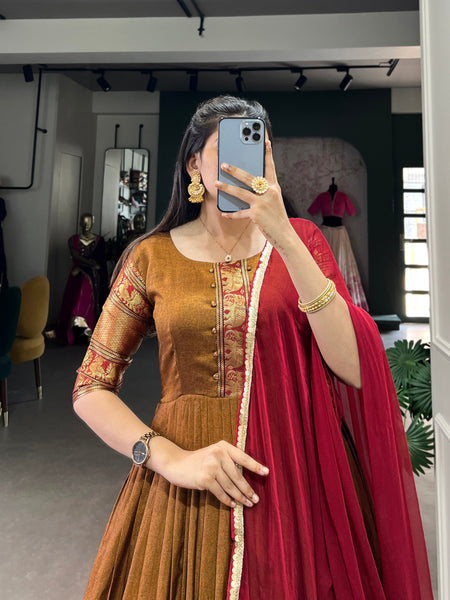Brown Color Cotton Zari Weaving Gown Dupatta