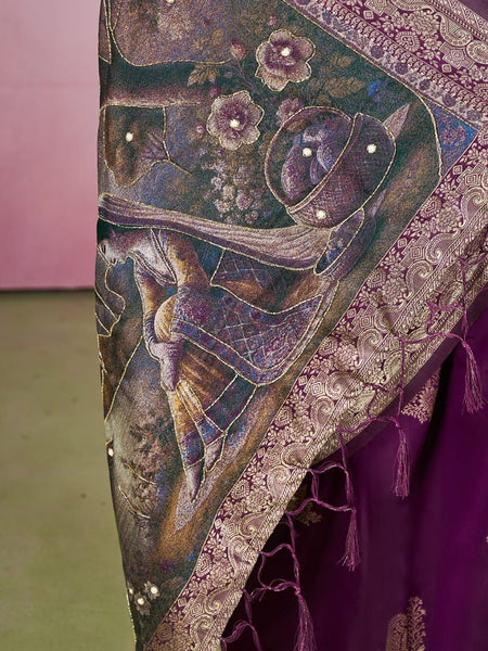 Wine Color Jacquard Zari Weaving Saree Blouse