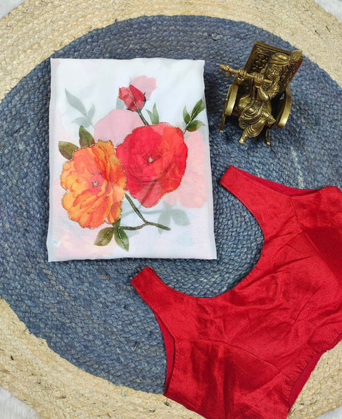 Latest White Color Georgette Hand Work Printed Saree Blouse