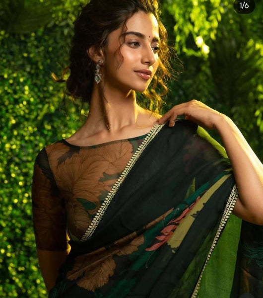 Party Wear Green Color Georgette Digital Printed Saree Blouse