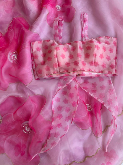 Pink Color Organza Silk Moti Hand Work Saree Blouse