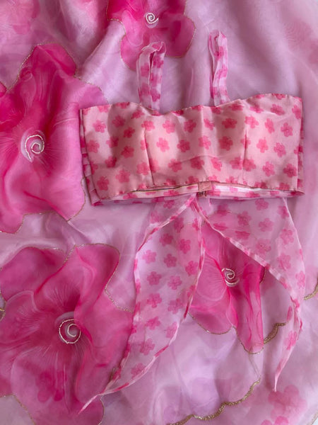 Pink Color Organza Silk Moti Hand Work Saree Blouse