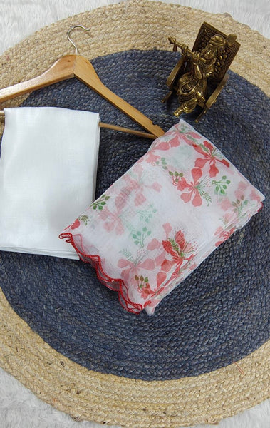 White Color Organza Silk Printed Saree Blouse