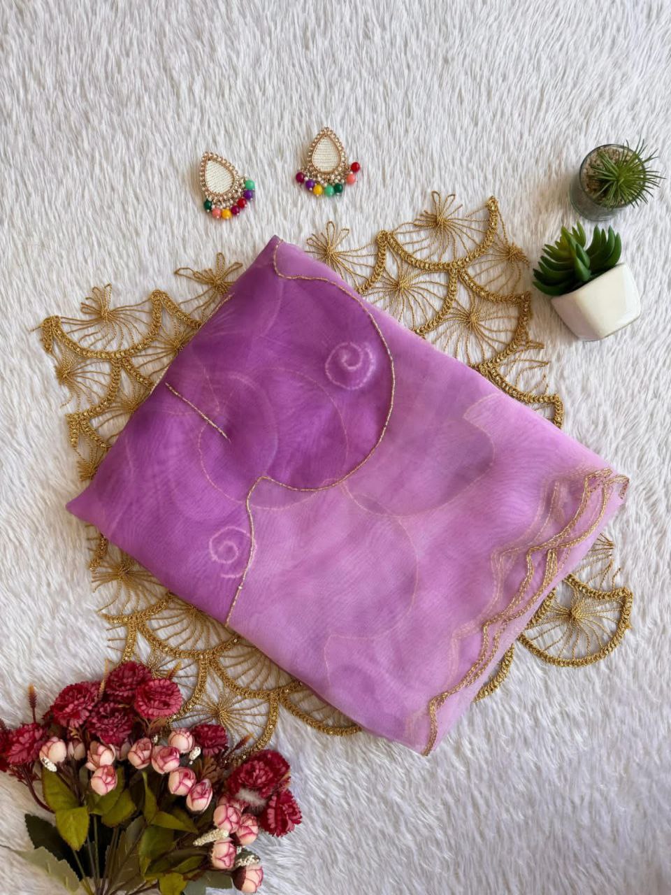 Purple Color Organza Silk Moti Printed Work Saree Blouse