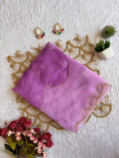 Purple Color Organza Silk Moti Printed Work Saree Blouse