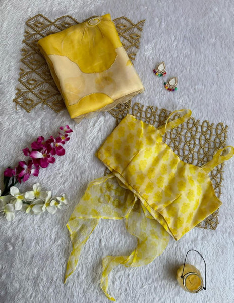 Latest Yellow Color Moti Hand Work Organza Silk Saree Blouse
