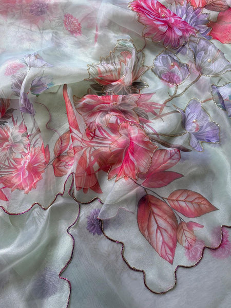 Multi Color Chinon Silk Sequence Printed Saree Blouse