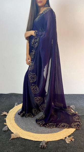 Party Wear Space Silk Cut Work Saree Blouse