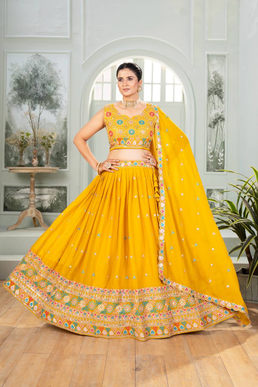 Wedding Wear Yellow Color Georgette Lehenga Choli