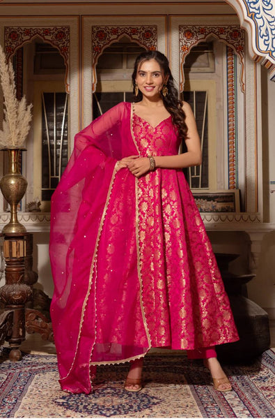 Rani Cclor Jacquard Anarkali Gown Dupatta Bottom Set