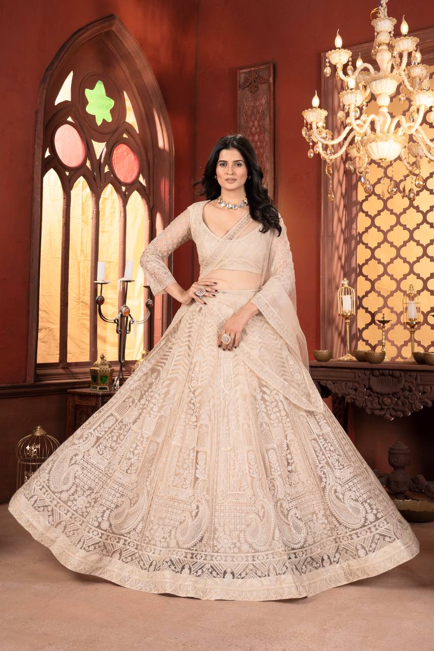 Off White Color Net Embroidery Lehenga Choli