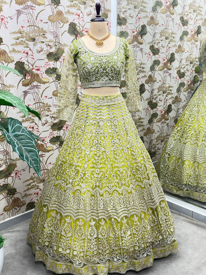 Green Color Net Sequence Lehenga Choli