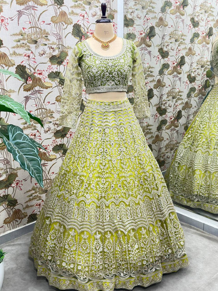 Green Color Net Sequence Lehenga Choli