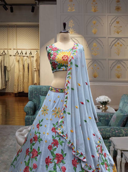 Latest Grey Color Georgette Embroidery Lehenga Choli