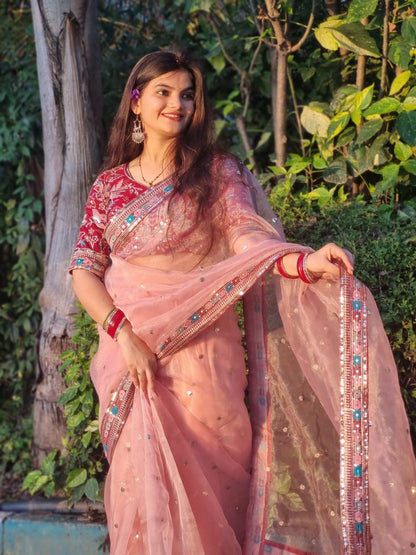 Pink Color Organza Silk Sequence Saree Blouse