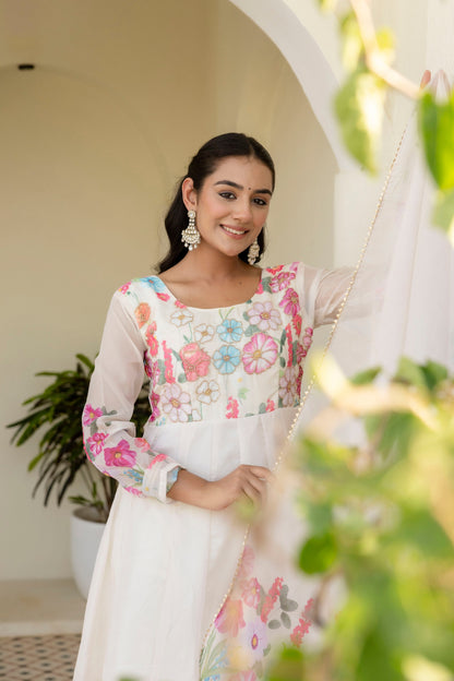 White Color Organza Silk Digital Printed Top Pent Dupatta
