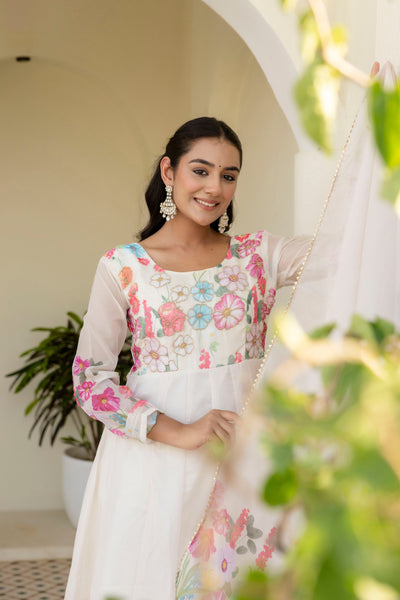 White Color Organza Silk Digital Printed Top Pent Dupatta