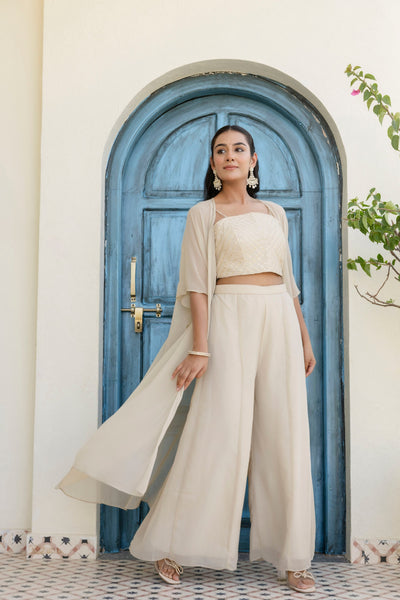 Off White Color Georgette Gotta Patti Plazo Top Shrug