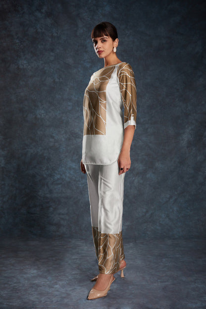 White Color Satin Printed Co-Ord Set