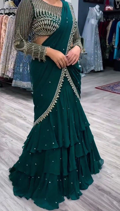 Latest Green Color Georgette Lehenga Saree