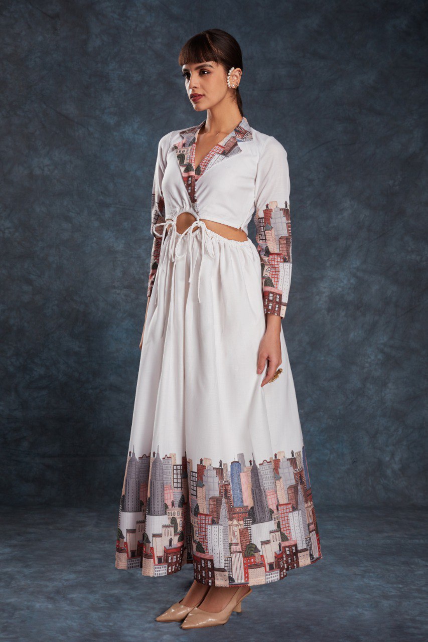 White Color Linen Printed Maxi Gown